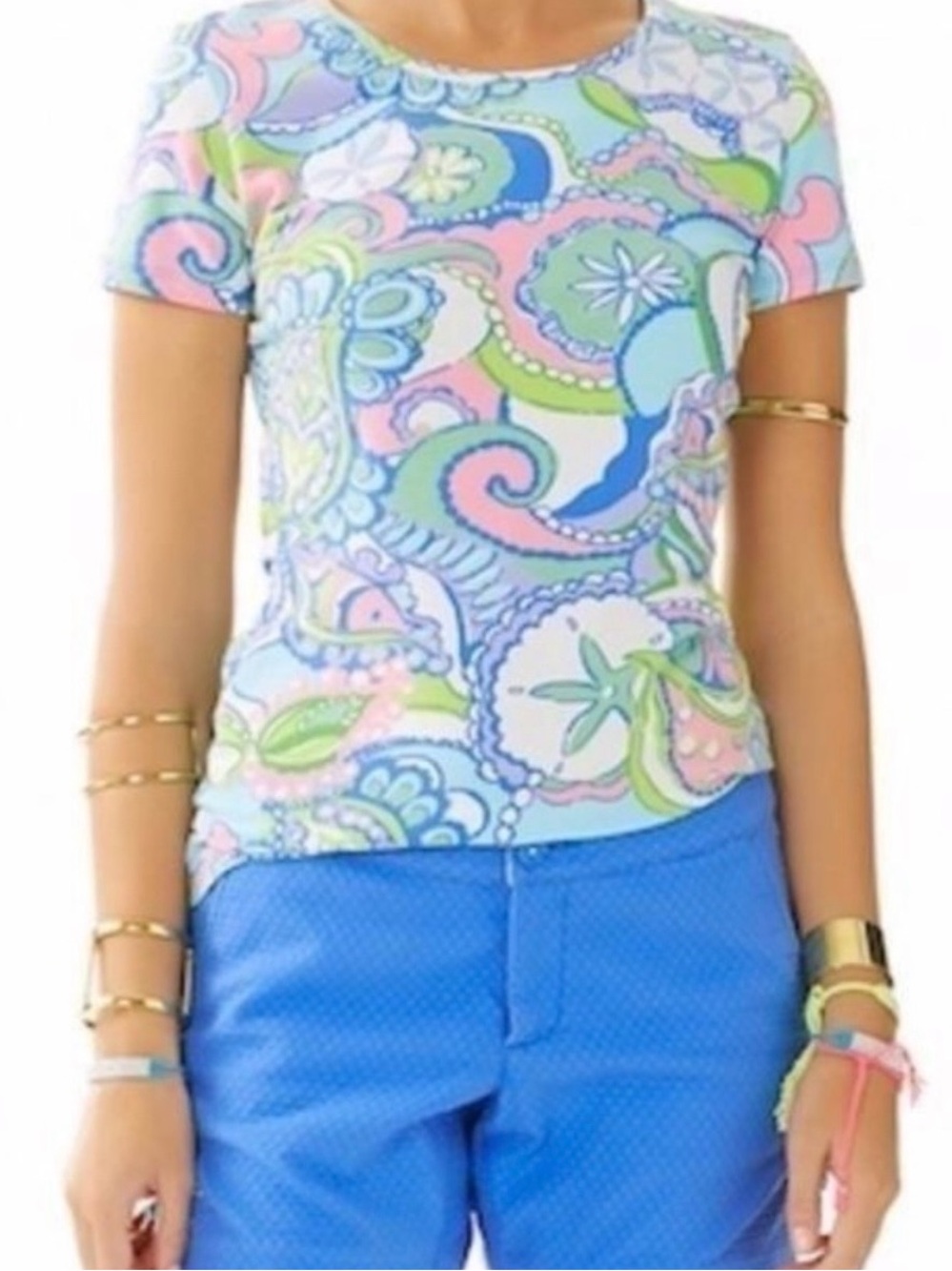 Lilly Pulitzer Tee Shirt Karrie Stretch Conch Republic paisley sand dollar XL